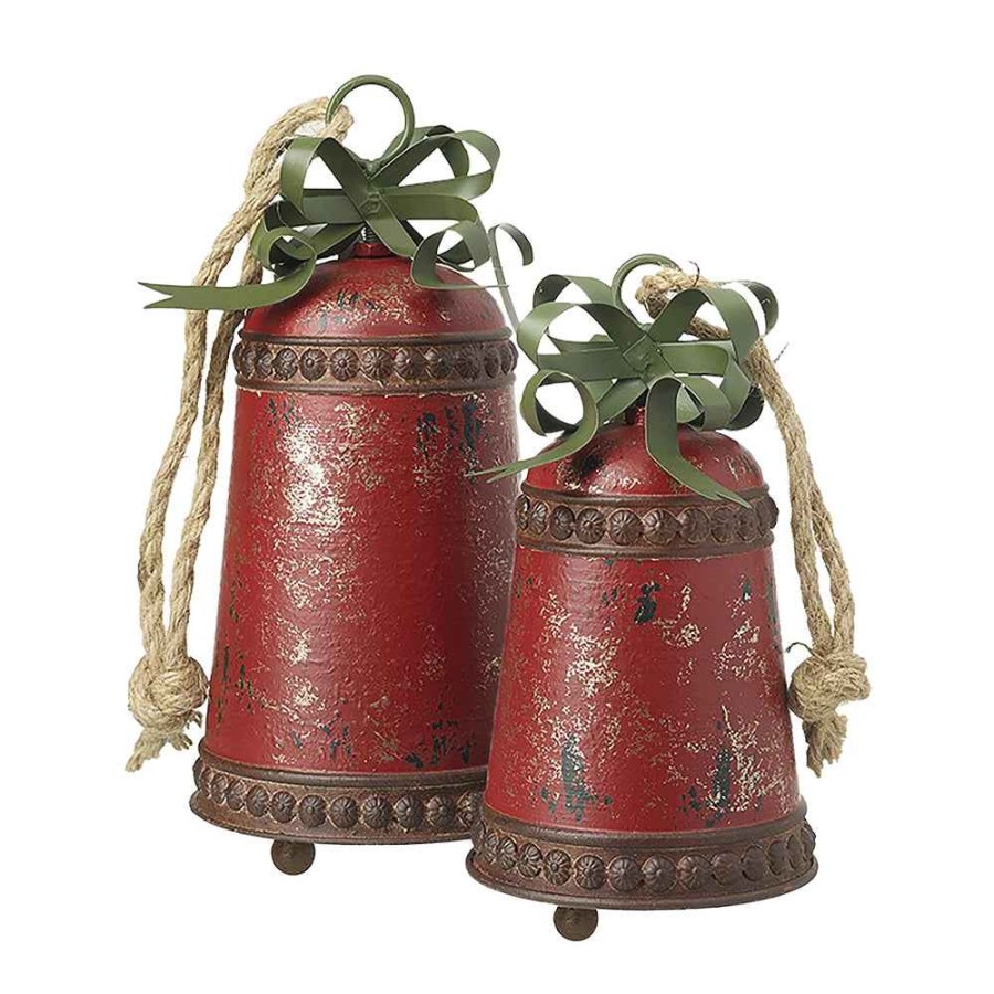 Decorations Christmas Imaginarium  | Set Of 2 Rustic Red Bells With Green Bows - 26Cm